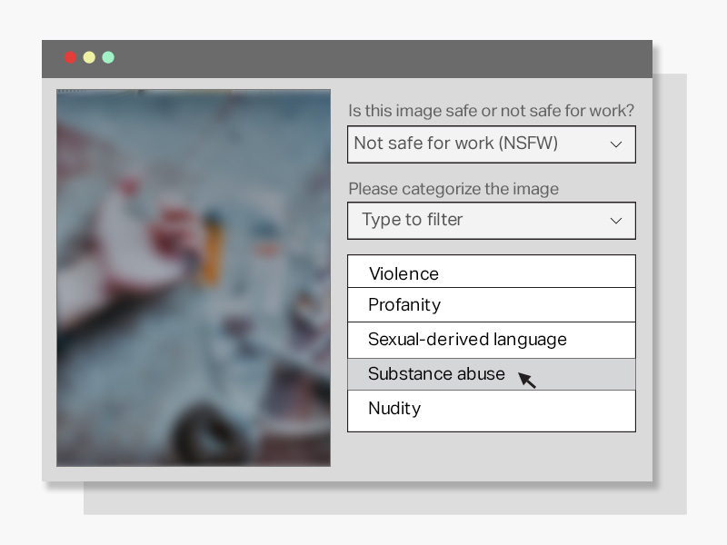 Content moderation of image on basis of predetermined set of rules