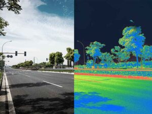 Split view of a street in a photo and color-coded LiDAR point cloud annotation