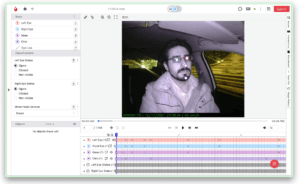 Ango Hub video annotation tool marking a driver’s facial features and eye status in a night driving scene