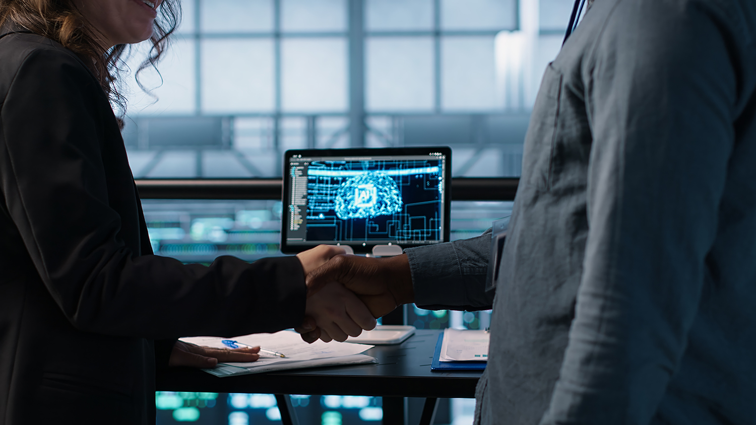 Business partners finalizing an AI data vendor agreement