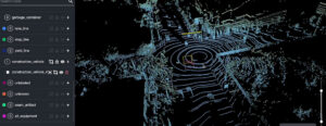 3D LiDAR point cloud of an intersection with semantic labels and mapped road features for autonomous navigation.