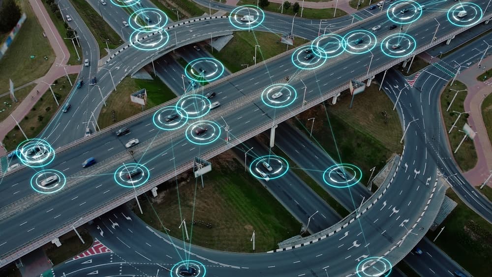 Aerial view Self-driving autonomous electric car