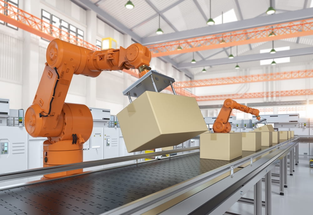Automation factory concept with 3d rendering robot