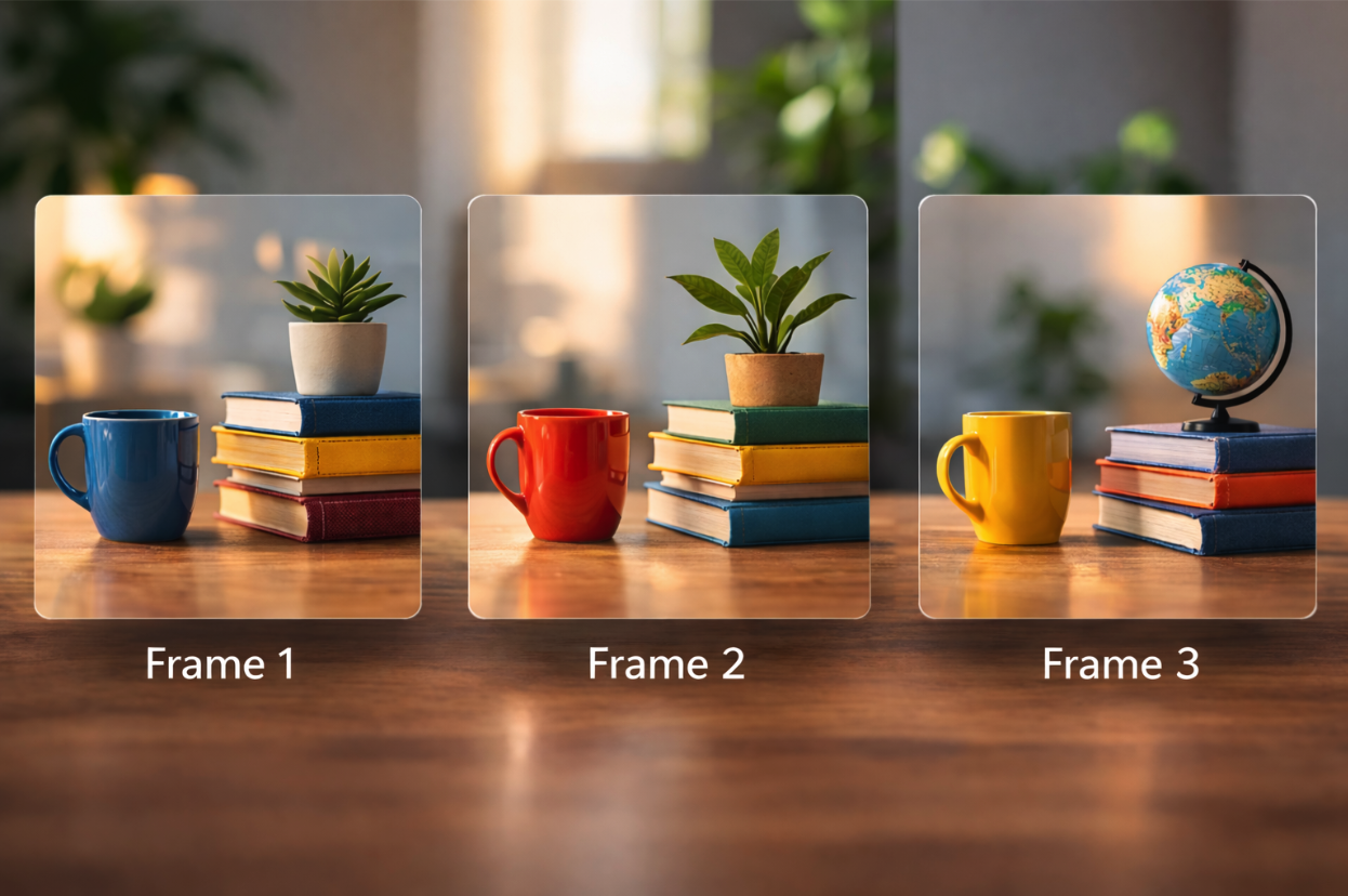 Objects on books gradually change across three frames, illustrating temporal drift.