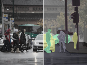 2D camera image of a street next to its semantic segmentation with color-coded boundaries.