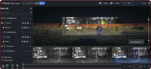 The iMerit Point Cloud annotation platform interface showing synchronized 3D LiDAR and 2D camera views for precise segmentation