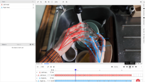 Egocentric hands with skeletal keypoints overlay, showing hand-tracking annotation.