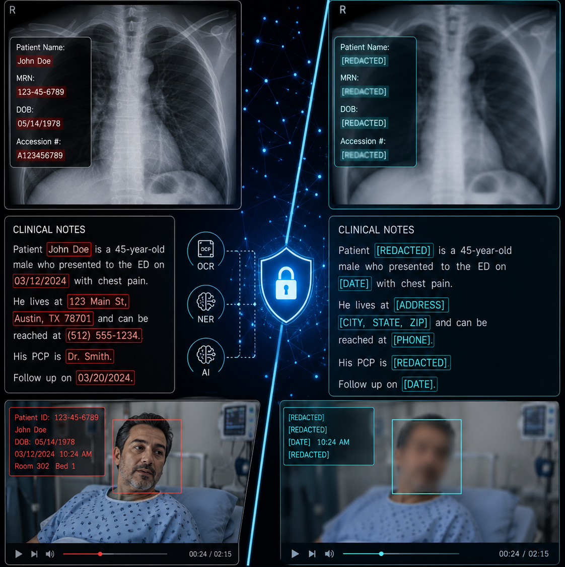 AI-powered healthcare data anonymization and privacy protection illustration