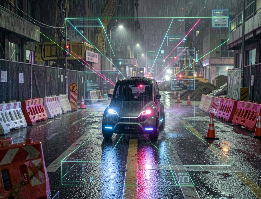 Autonomous vehicle navigating a rainy construction-zone detour with sensor perception overlays.
