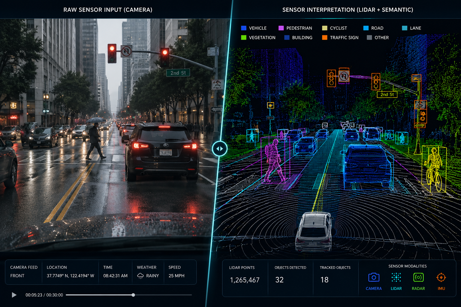 Split-screen autonomous driving scene showing a road camera feed beside a LiDAR and semantic segmentation perception view with detected vehicles, pedestrians, and lanes.