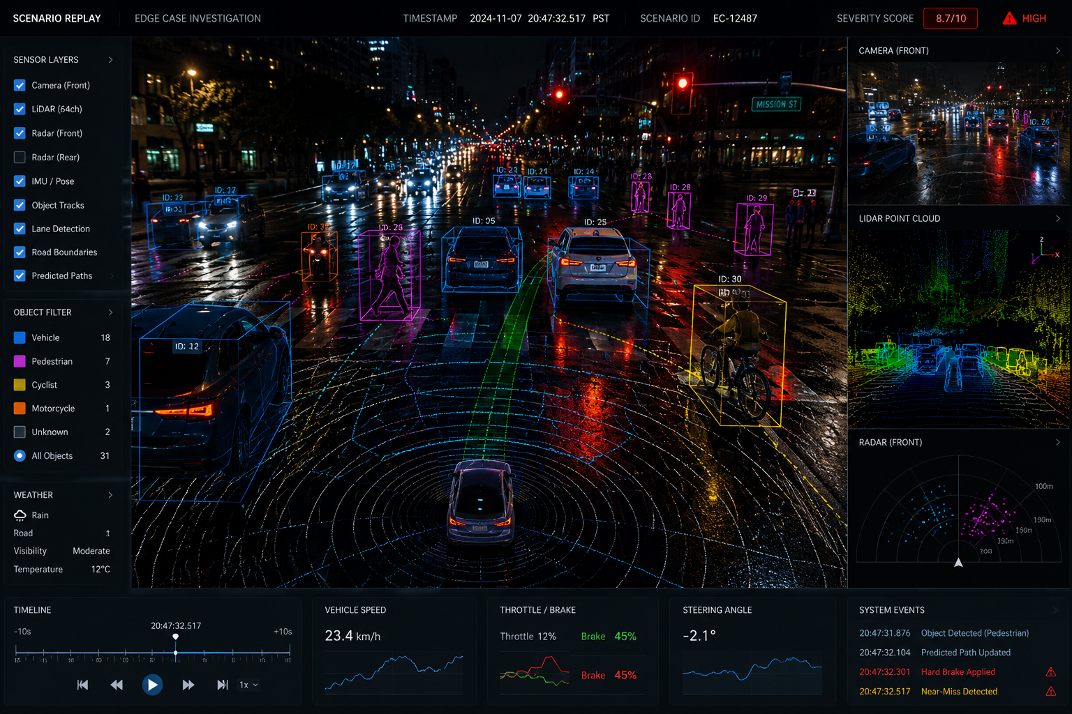 Autonomous vehicle edge-case analysis dashboard showing sensor fusion, LiDAR data, and 3D object tracking at a rainy night intersection.