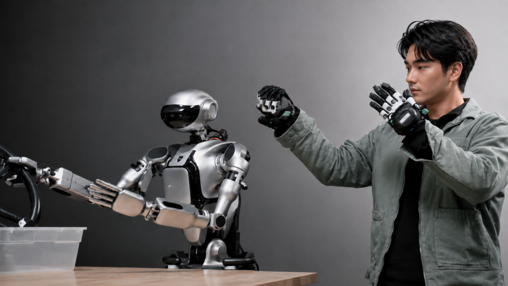 A human demonstrator wearing a specialized teleoperation glove controls a bimanual humanoid robot.