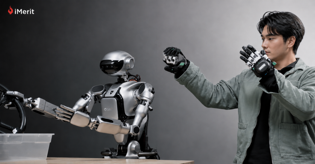 A human demonstrator wearing a specialized teleoperation glove controls a bimanual humanoid robot.