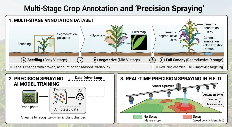 Crop growth stages from seedling to maturity with a precision spraying decision map.