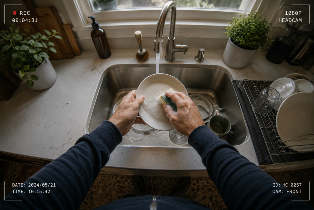 First-person view of washing dishes in a home kitchen, captured through a wearable head-mounted camera for egocentric AI training.