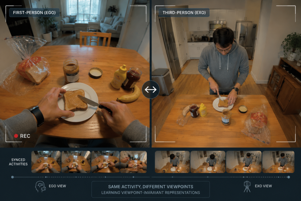 Split-screen view of the same kitchen activity captured from first-person and third-person perspectives for egocentric AI training.