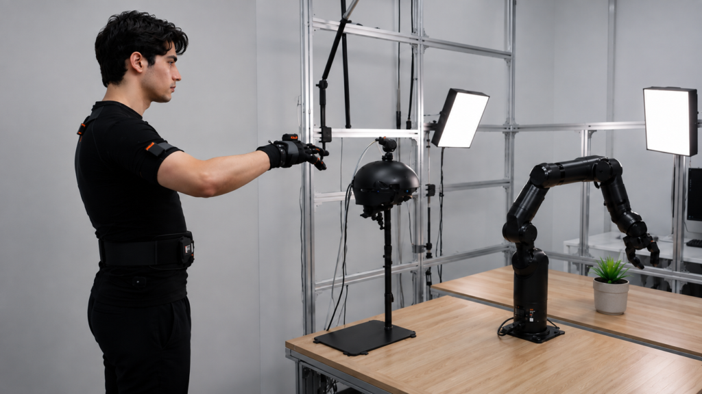 An operator wearing a motion capture suit and sensorized gloves teleoperating a robotic arm in a laboratory setting.