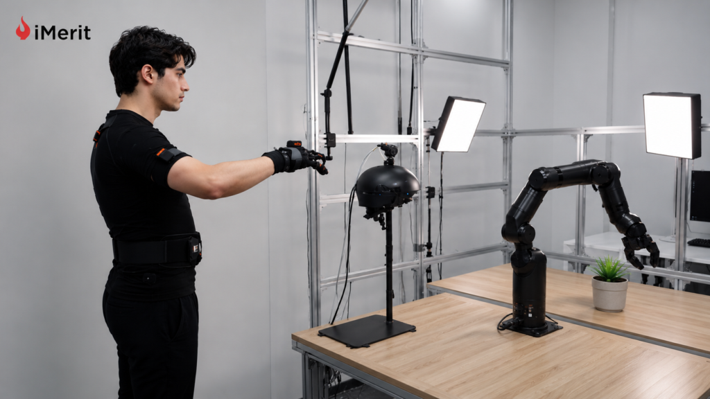 An operator wearing a motion capture suit and sensorized gloves teleoperating a robotic arm in a laboratory setting.