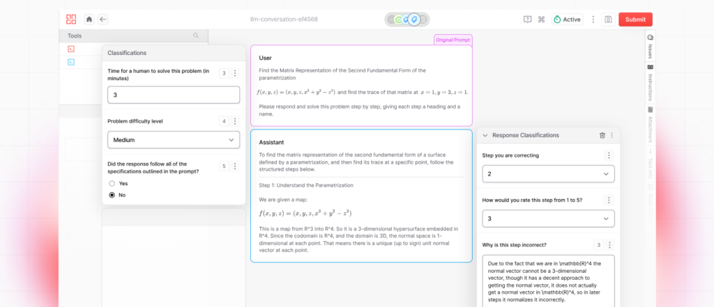 : iMerit Ango Hub data labeling tool interface demonstrating text annotation and preference ranking for generative AI model evaluation.