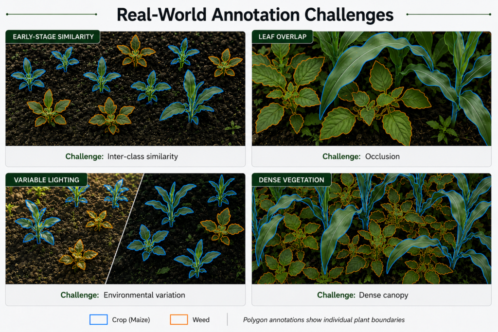 Real-world crop and weed annotation challenges including seedling similarity, leaf overlap, variable lighting, and dense vegetation.