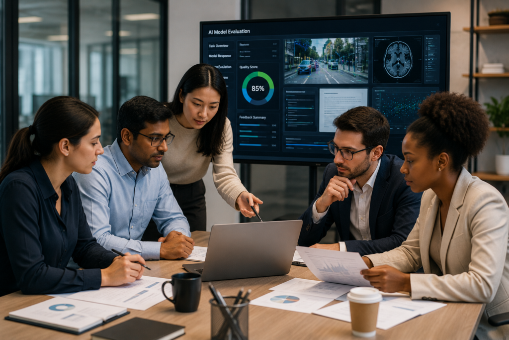 Domain experts collaborating to evaluate AI model outputs and improve model performance through structured review.
