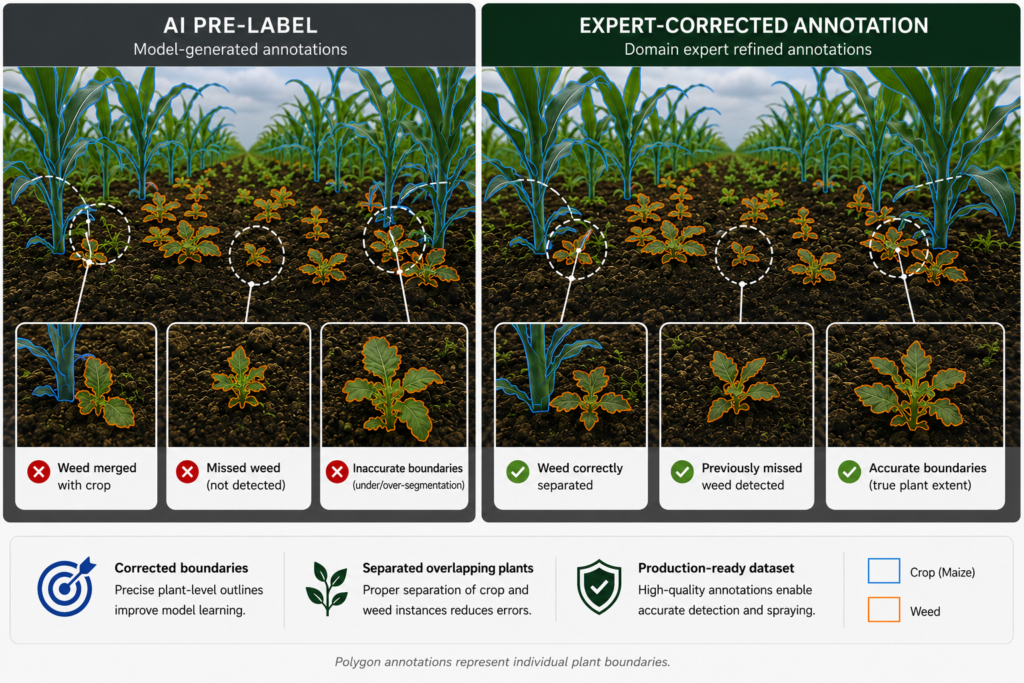 Comparison of AI pre-labeling and expert-corrected polygon annotations for crop and weed detection
