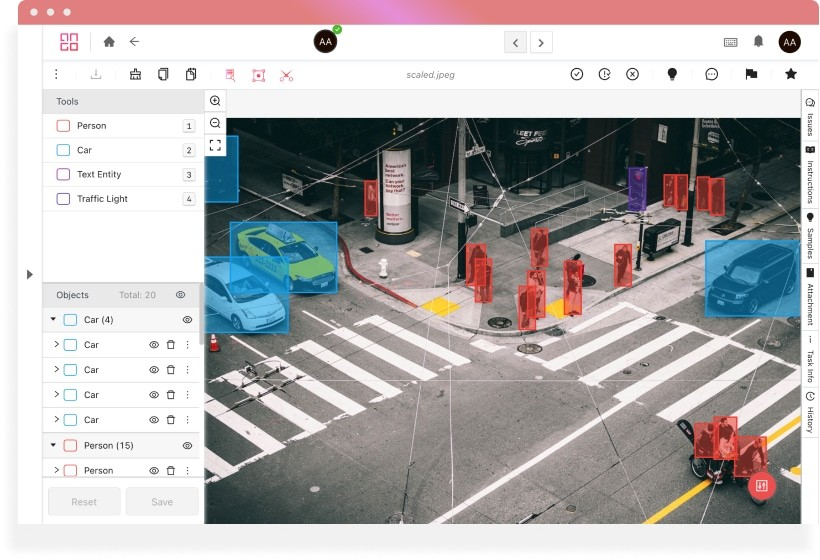 iMerit Ango Hub image annotation platform displaying 2D bounding boxes on vehicles and pedestrians for autonomous driving model training.