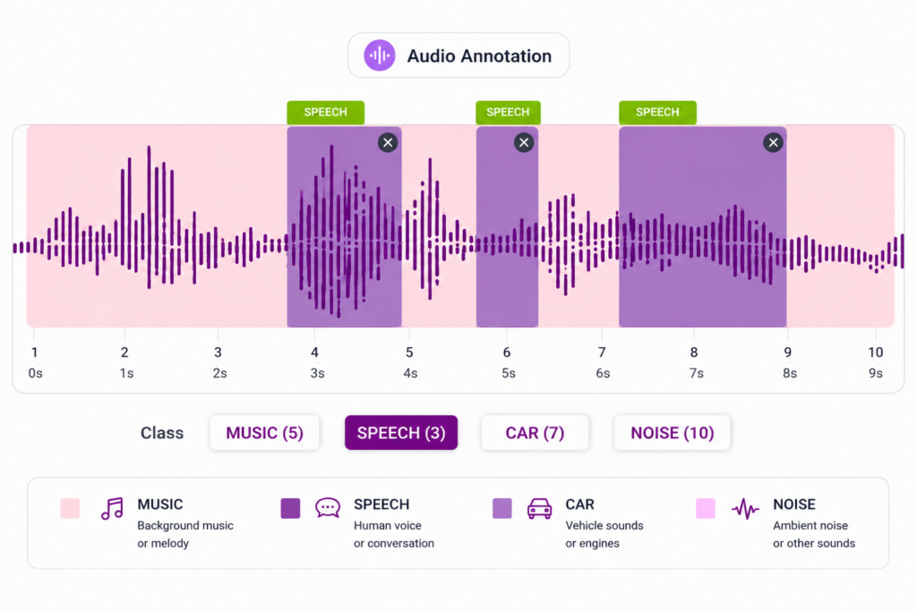 Audio annotation workflow for speech, speaker identity, emotion, timestamps, and environmental sounds.