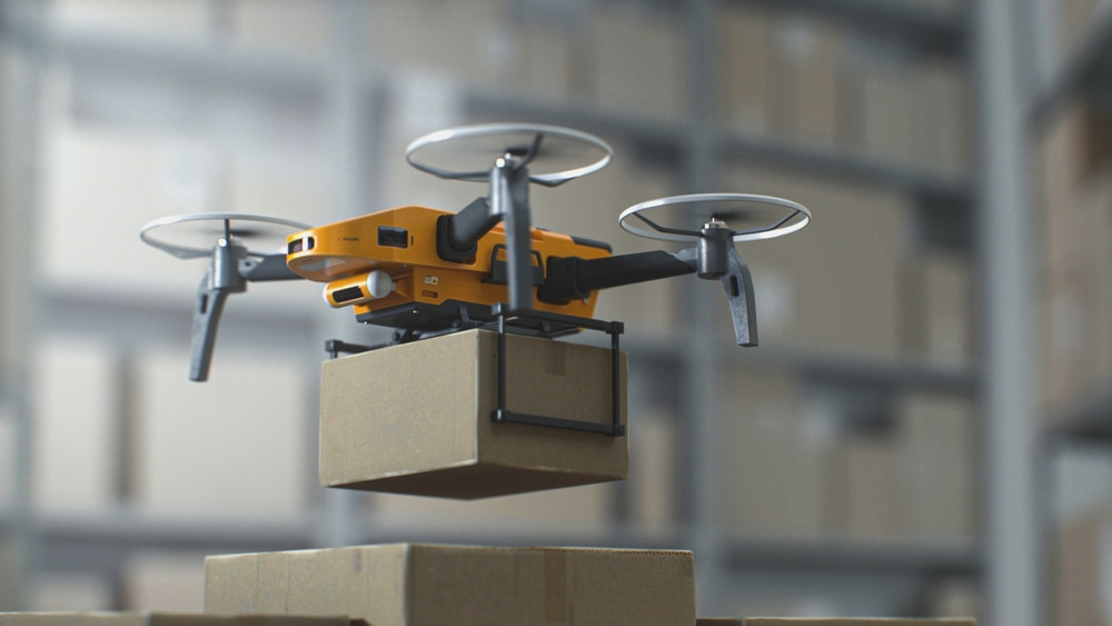 Unmanned UAV Drone Delivering Cardboard Box