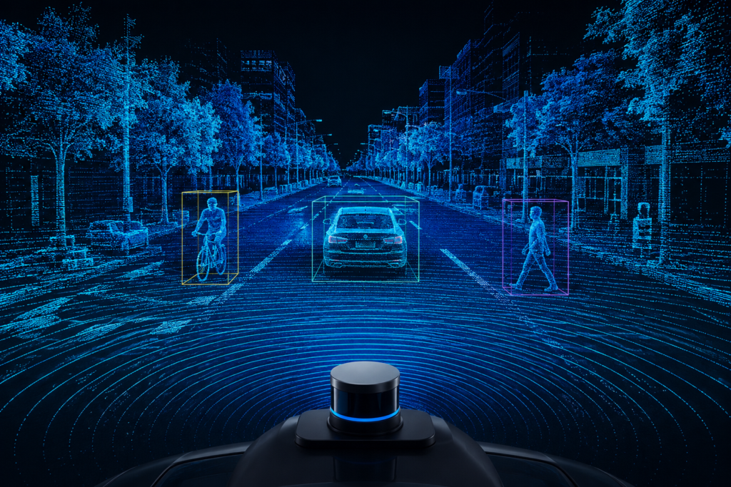 3D LiDAR point cloud visualization of an urban street with annotated vehicles, cyclist, and pedestrian.