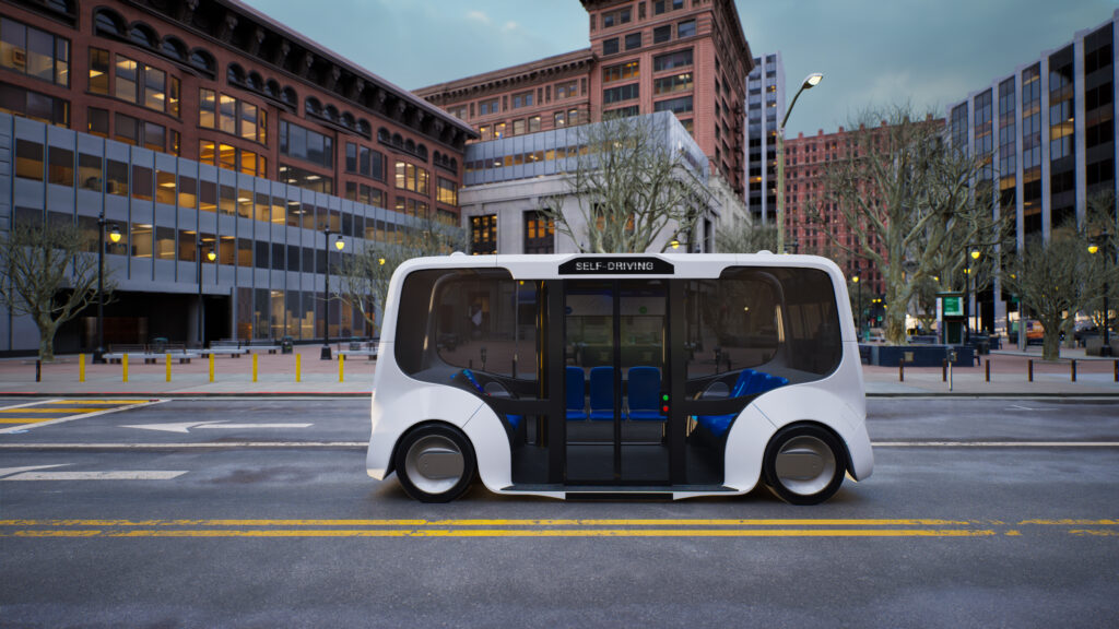 Self-driving autonomous vehicle operating on a city street in a new urban