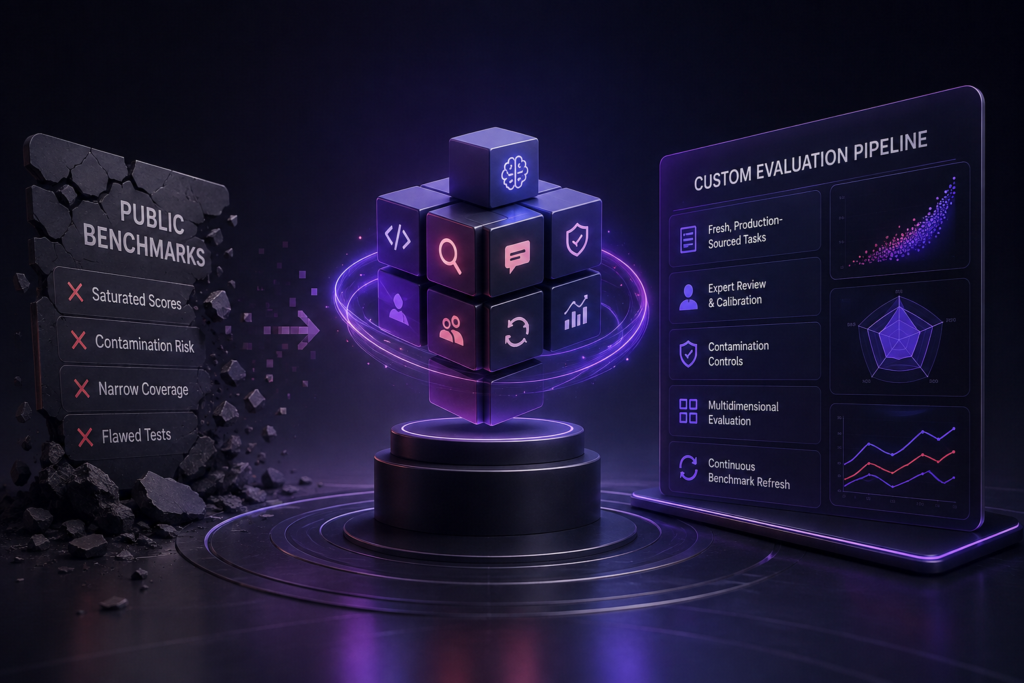 Custom evaluation pipeline replacing saturated public benchmarks with expert review and continuous refresh.