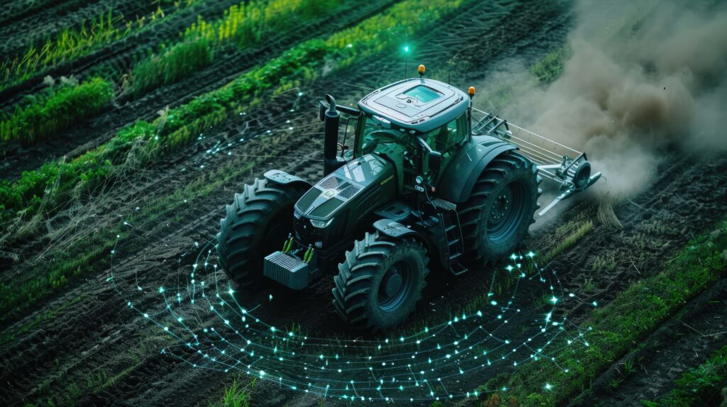 Autonomous tractor plowing a field, surrounded by a glowing sensor ring representing its navigation system.