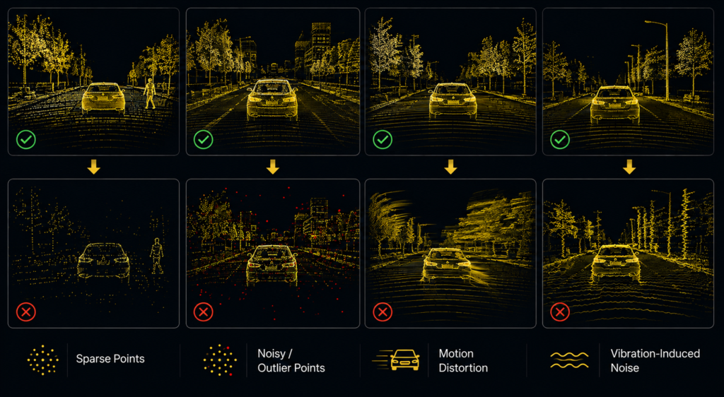 Comparison of sparse points, sensor noise, motion distortion, and vibration-induced noise in 3D point clouds.