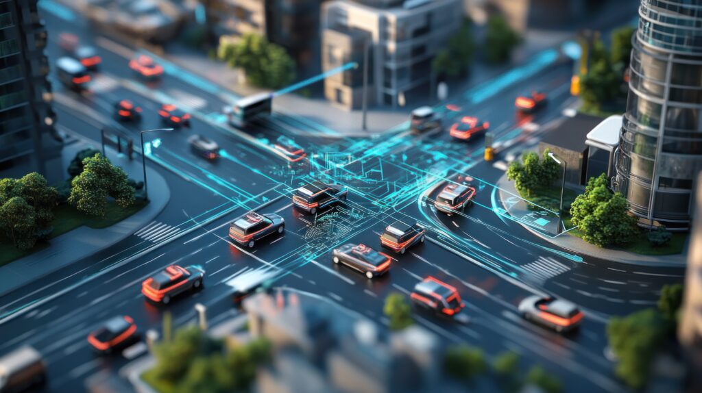 Autonomous vehicles navigating a mapped urban intersection with varied road scenarios.