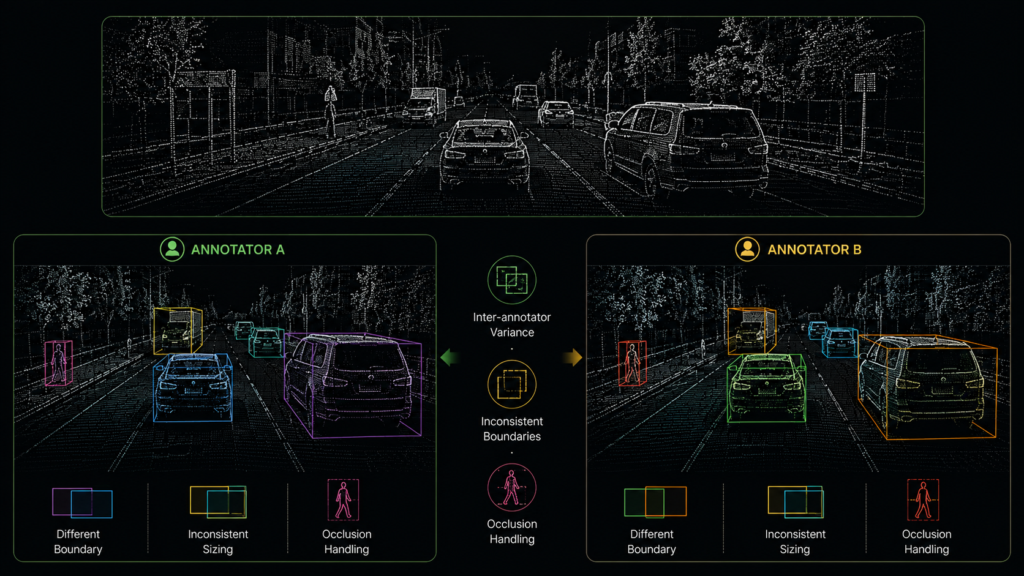 Comparison of two annotations on the same 3D point cloud scene