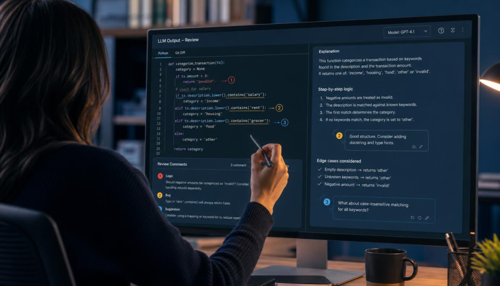 Domain expert reviewing AI model output on a computer screen for evaluation accuracy