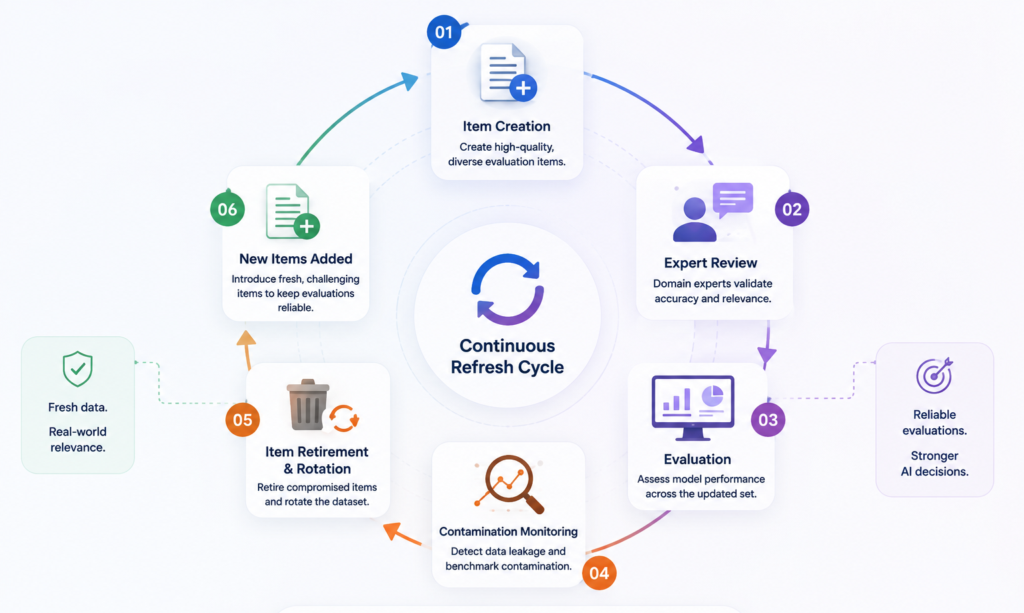 Continuous refresh cycle for AI evaluation pipelines