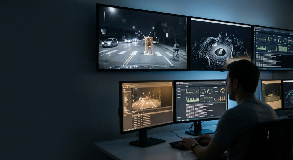 Data scientist reviewing real-time AV sensor analytics.