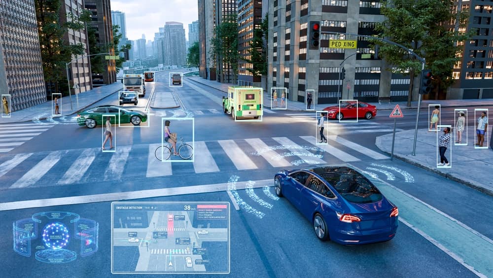 3D render of A self-driving electric car safely crosses a smart city intersection