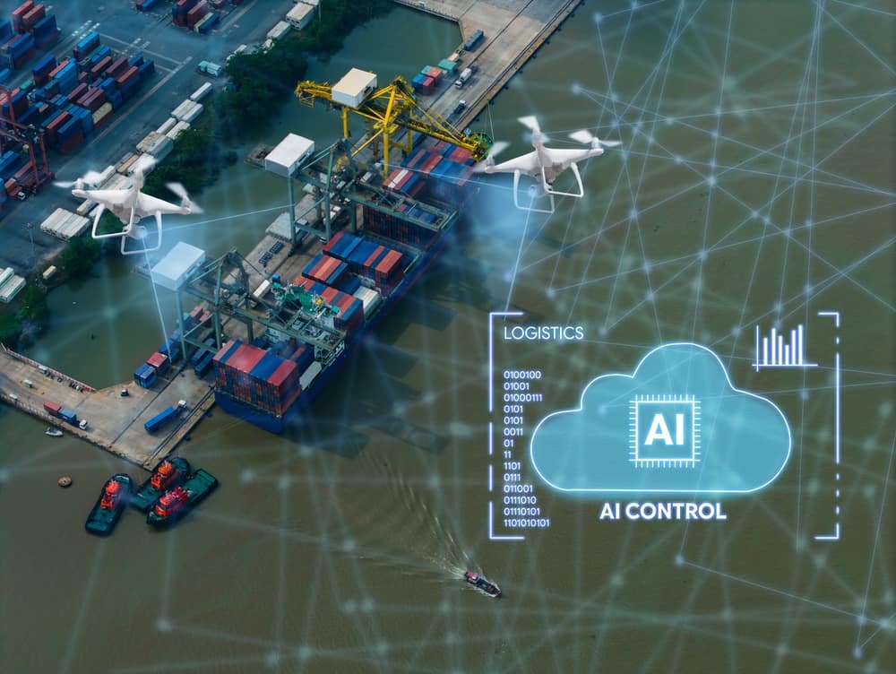 Ai controlled of cargo port logistics aerial wallpaper with drones