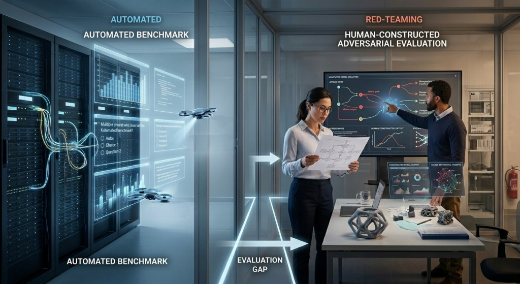 Automated benchmarks compared with human red-teaming AI evaluation.