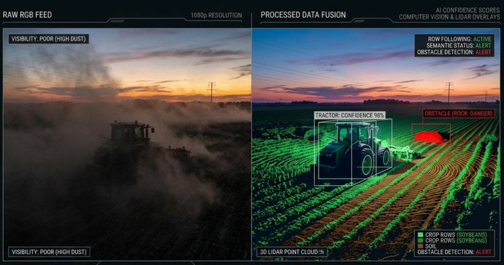 Split screen showing raw dust camera feed vs computer vision overlays