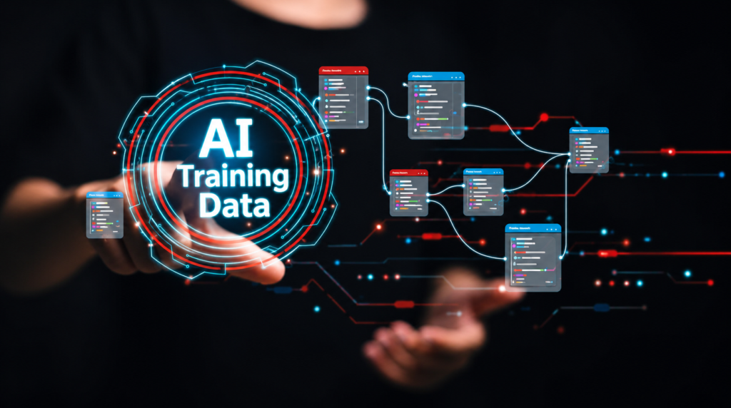 AI training data flowing through interconnected processing and transformation stages in a model development pipeline.