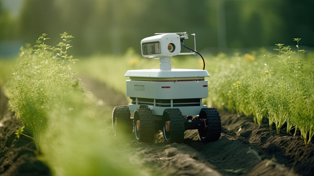 AI-powered weeding robot navigating crop rows.