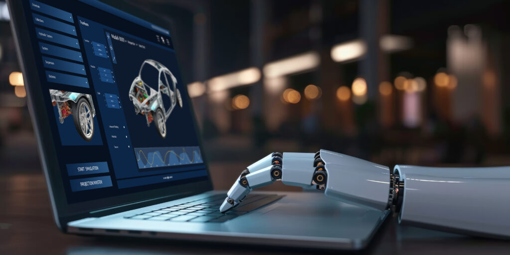 Robotic gripper beside a laptop displaying a 3D simulation interface.