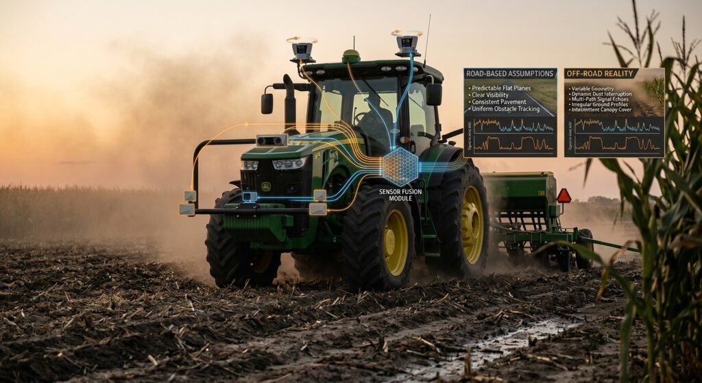 Agricultural equipment sensor fusion showing a tractor operating in dust and crop canopy conditions