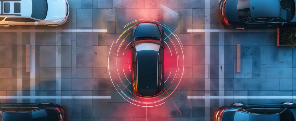Top-down view of an autonomous vehicle using surrounding sensors to detect nearby cars at an urban intersection.