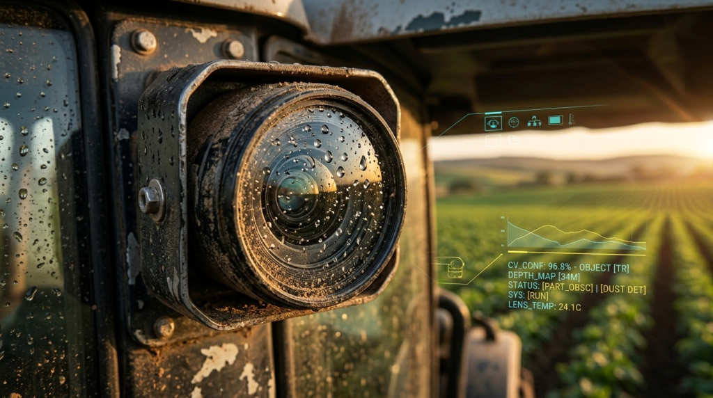 Close-up of dirty tractor camera lens with computer vision metrics