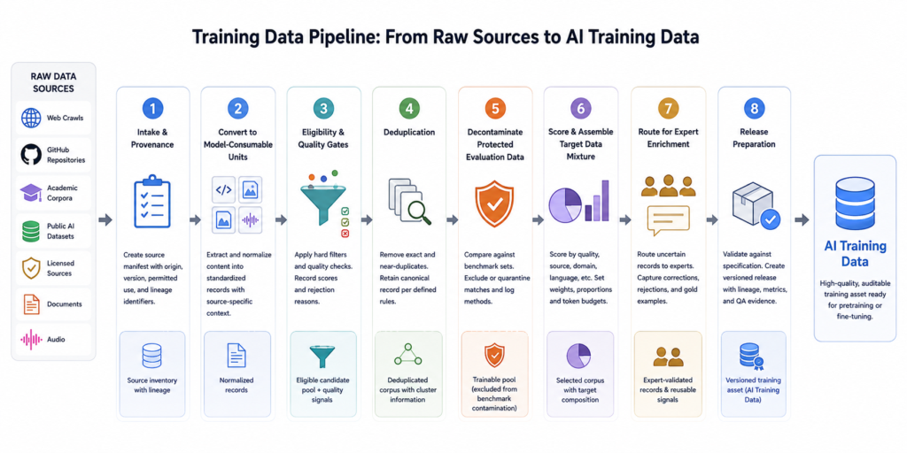 Eight-stage AI training data pipeline transforming raw sources into validated, production-ready training data.